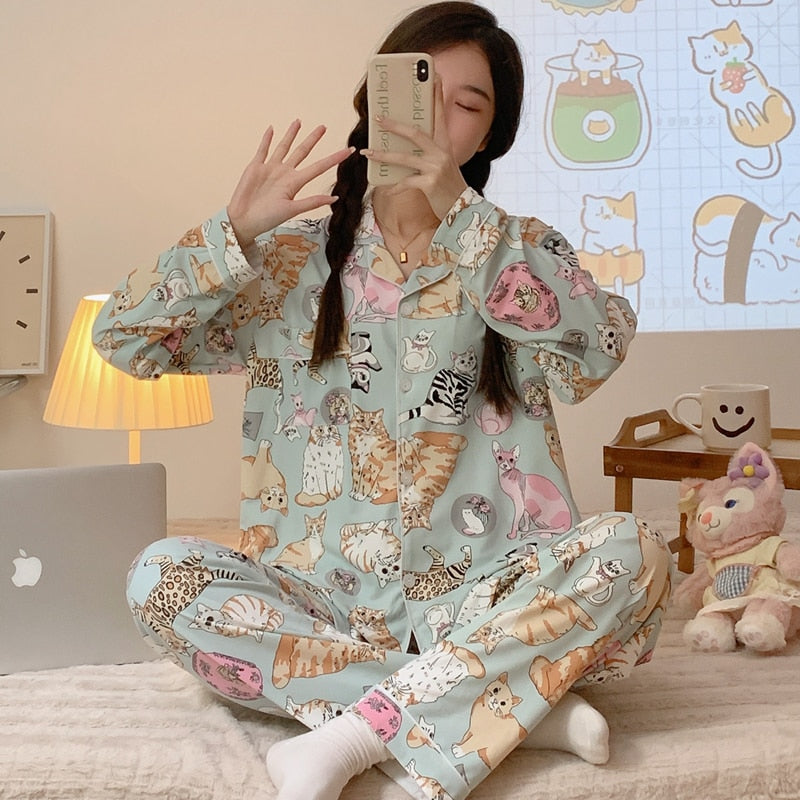 Cute Cat Lover Pajamas - Powder Green / M for 40-50KG - Cat