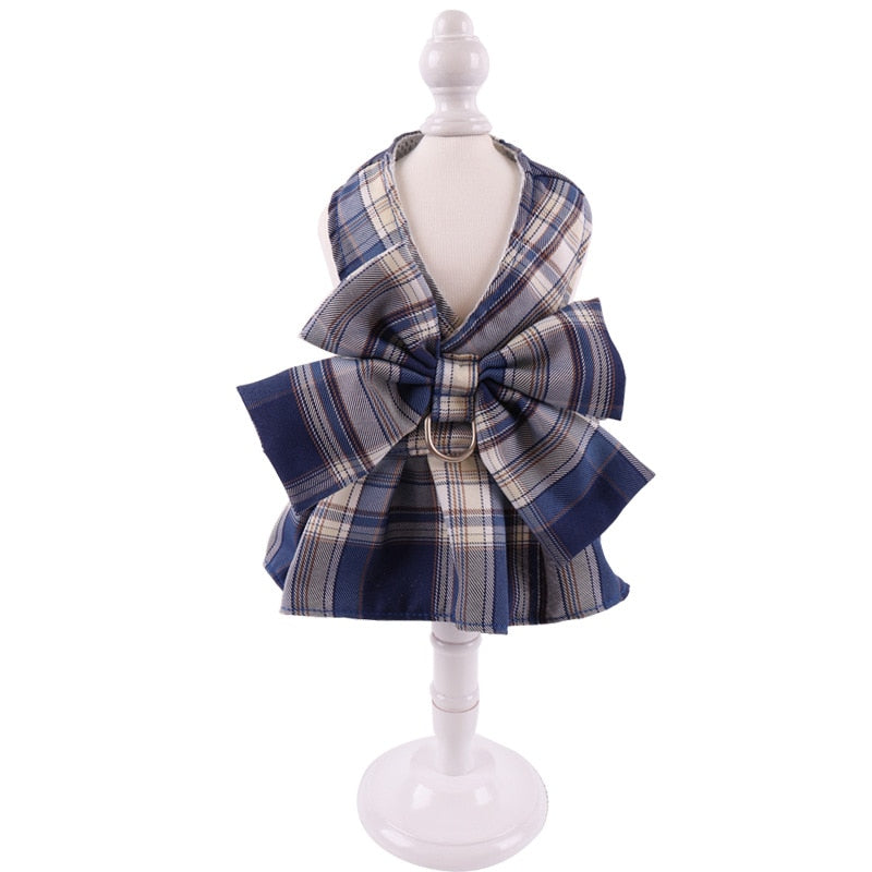 Cute Checkered Cat Dress - Navy Blue / XS