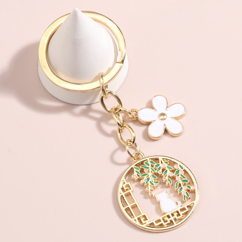 Cute Flower Cat Keychain - Green - Cat Keychains