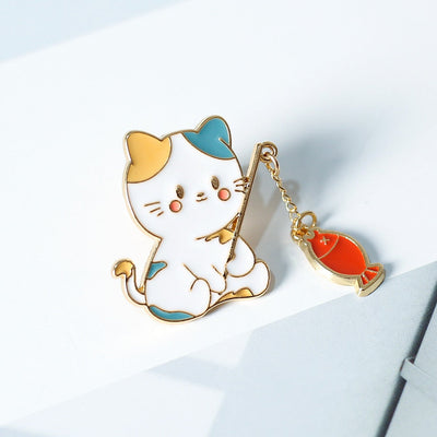 Fishing cat Pin - Multicolor cat & Red Fish