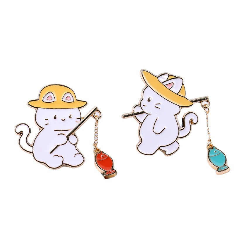 Fishing cat Pin - X2 Pack Cat with Hat