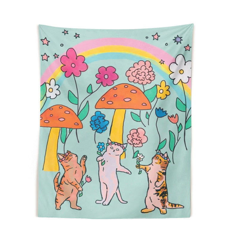 Flower Cat Tapestry - Sky Blue - Cat Tapestry