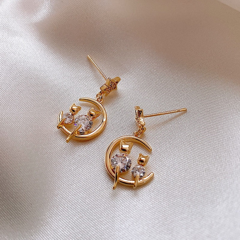 Gold Star and Moon Cat Earrings - Cat earrings