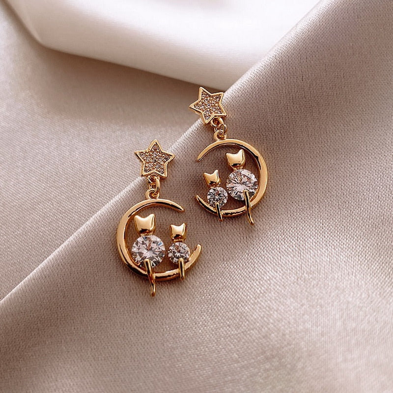 Gold Star and Moon Cat Earrings - Cat earrings