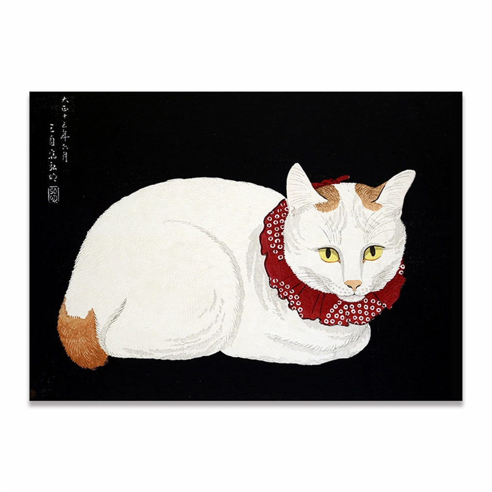 Japanese Cat Painting - 21x30cm No Frame / White