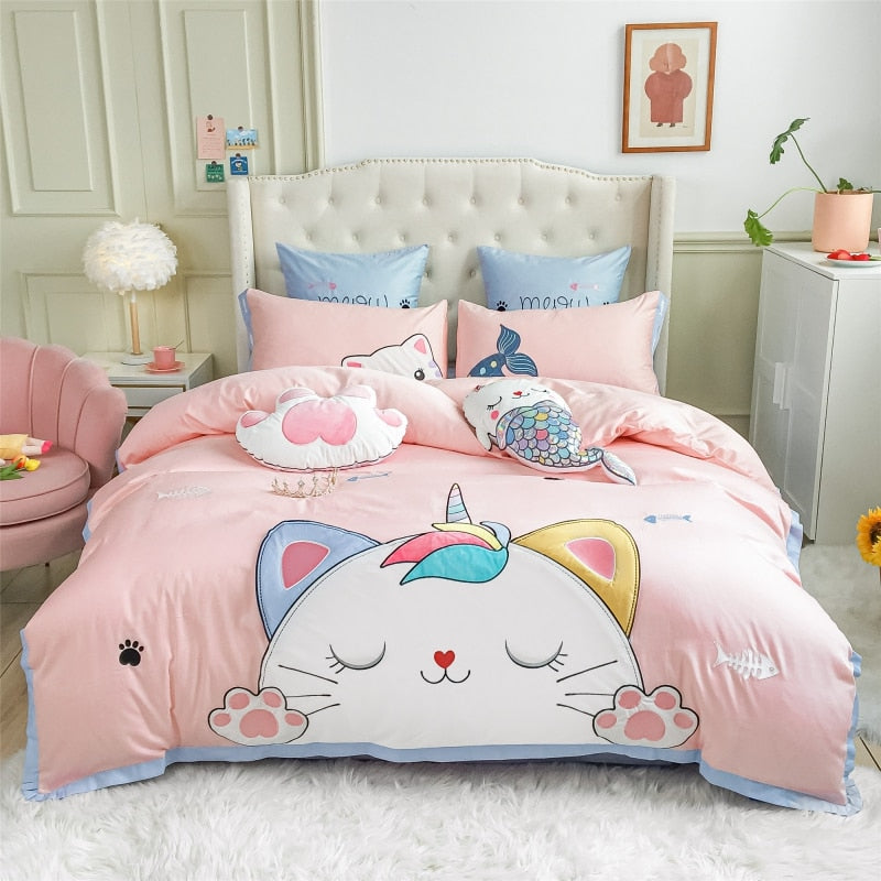Kawaii Cat Duvet Cover - Blue / Flat Bed Sheet / Queen