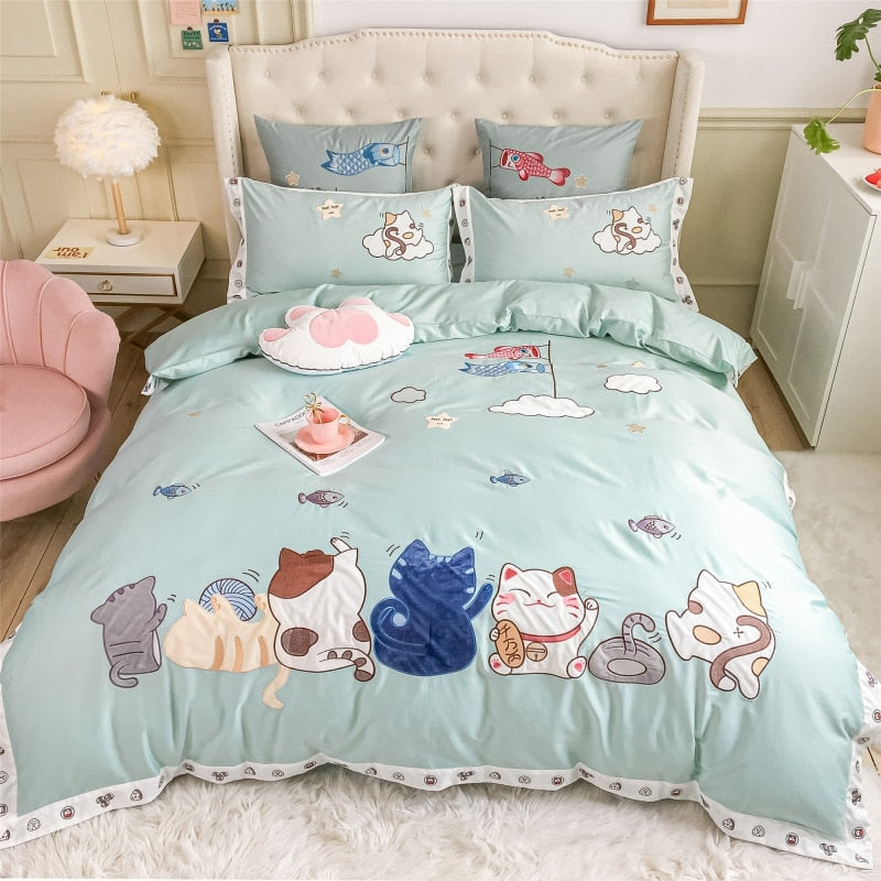 Kawaii Cat Duvet Cover - Green / Flat Bed Sheet / Queen