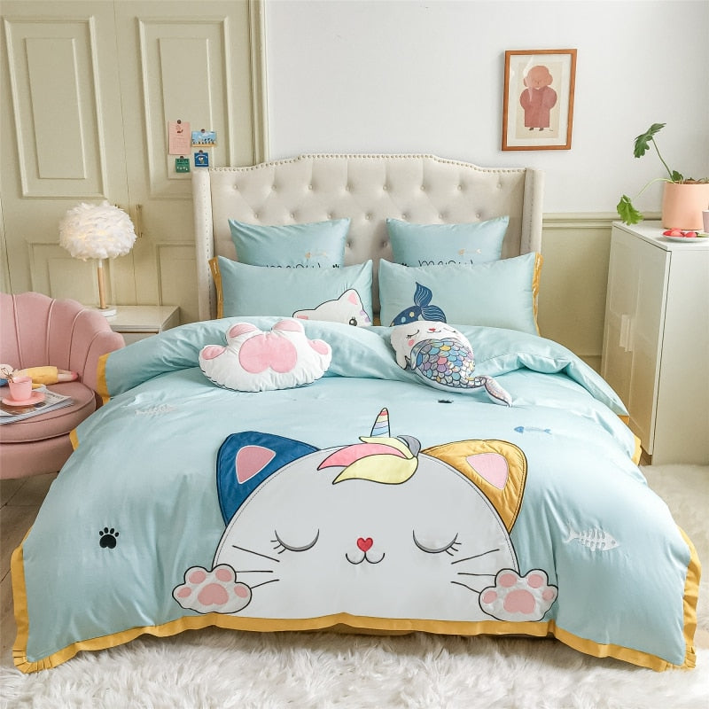 Kawaii Cat Duvet Cover - Pink / Flat Bed Sheet / Queen