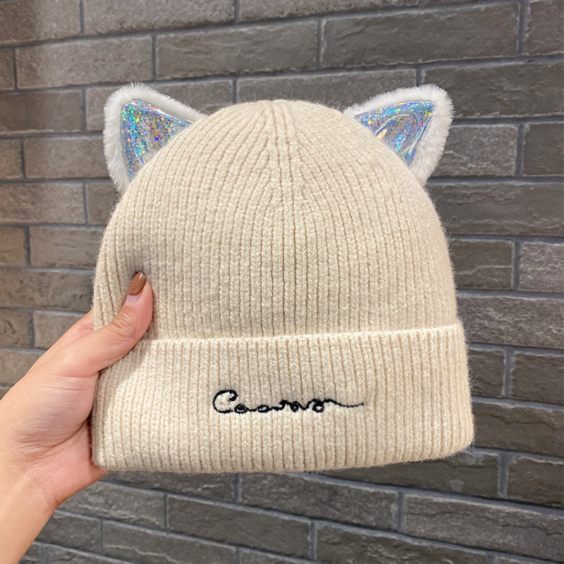 Knitted Cat Beanie - Beige - Cat beanie