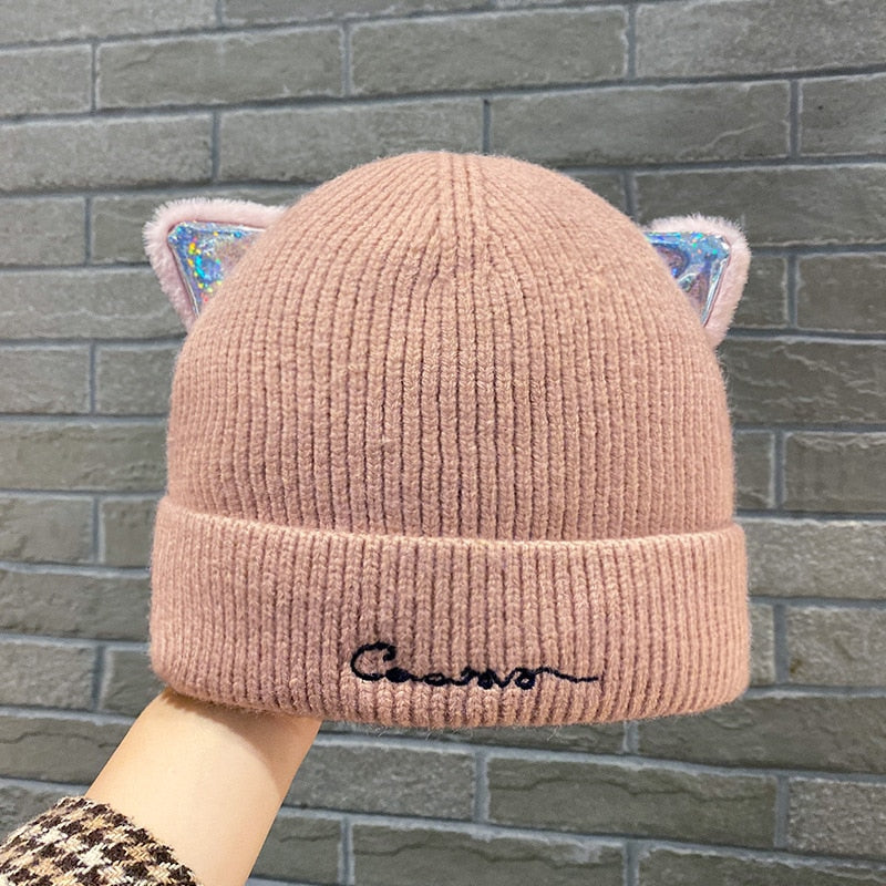 Knitted Cat Beanie - Pink - Cat beanie