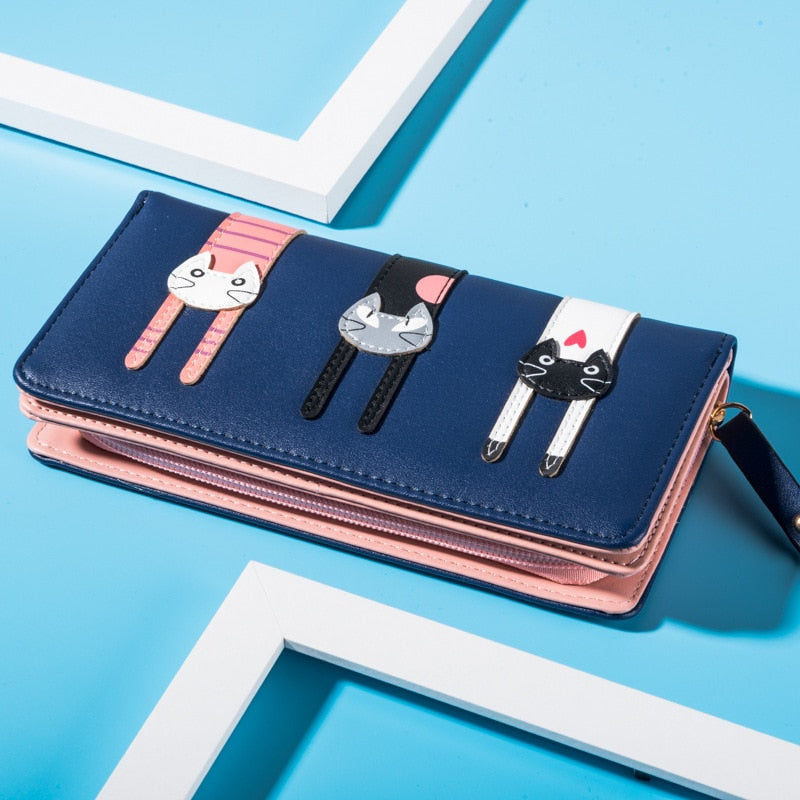 Long Leather Cat Purse - Blue - Cat purse