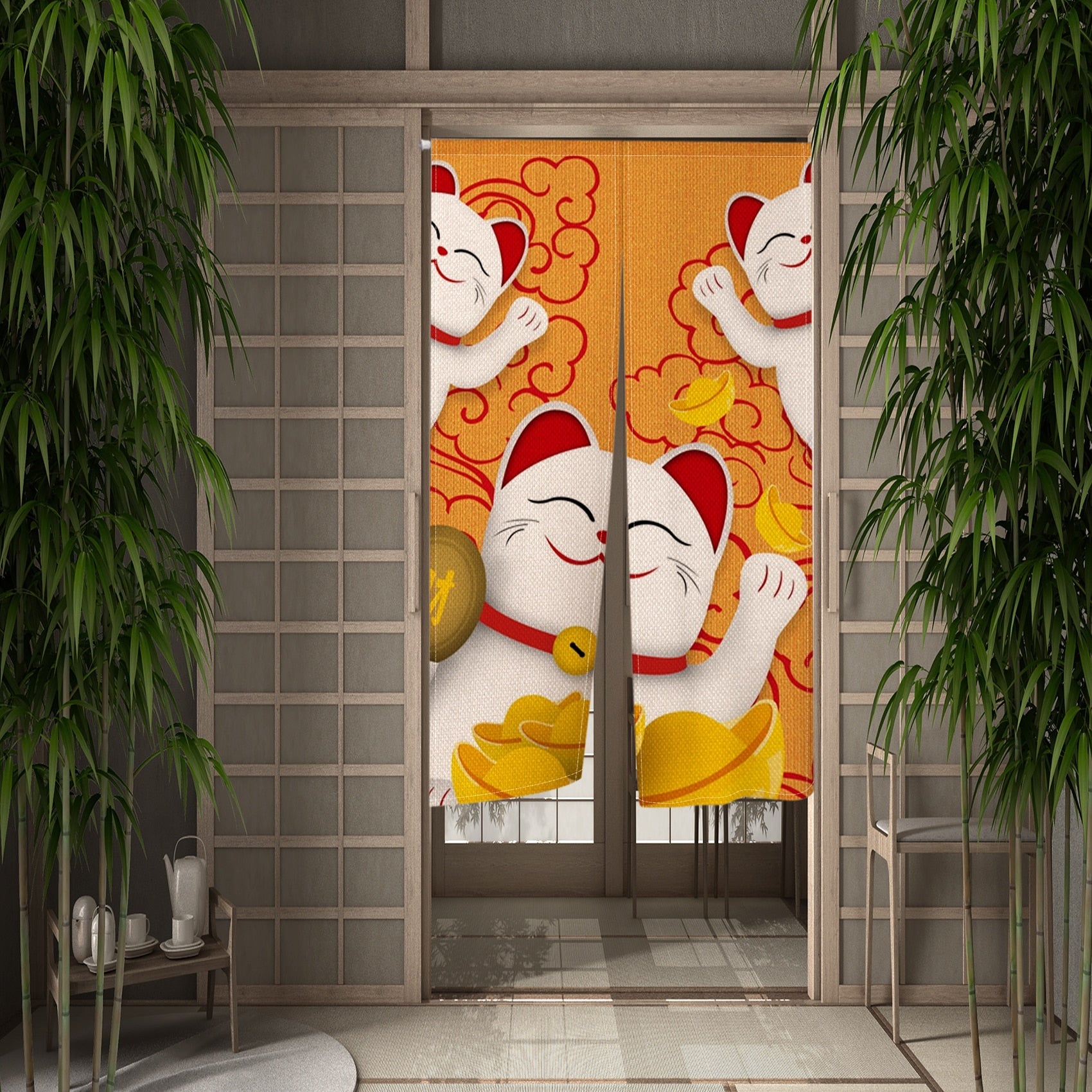 Lucky Cat Curtains - Orange / 55x90cm - cat curtains
