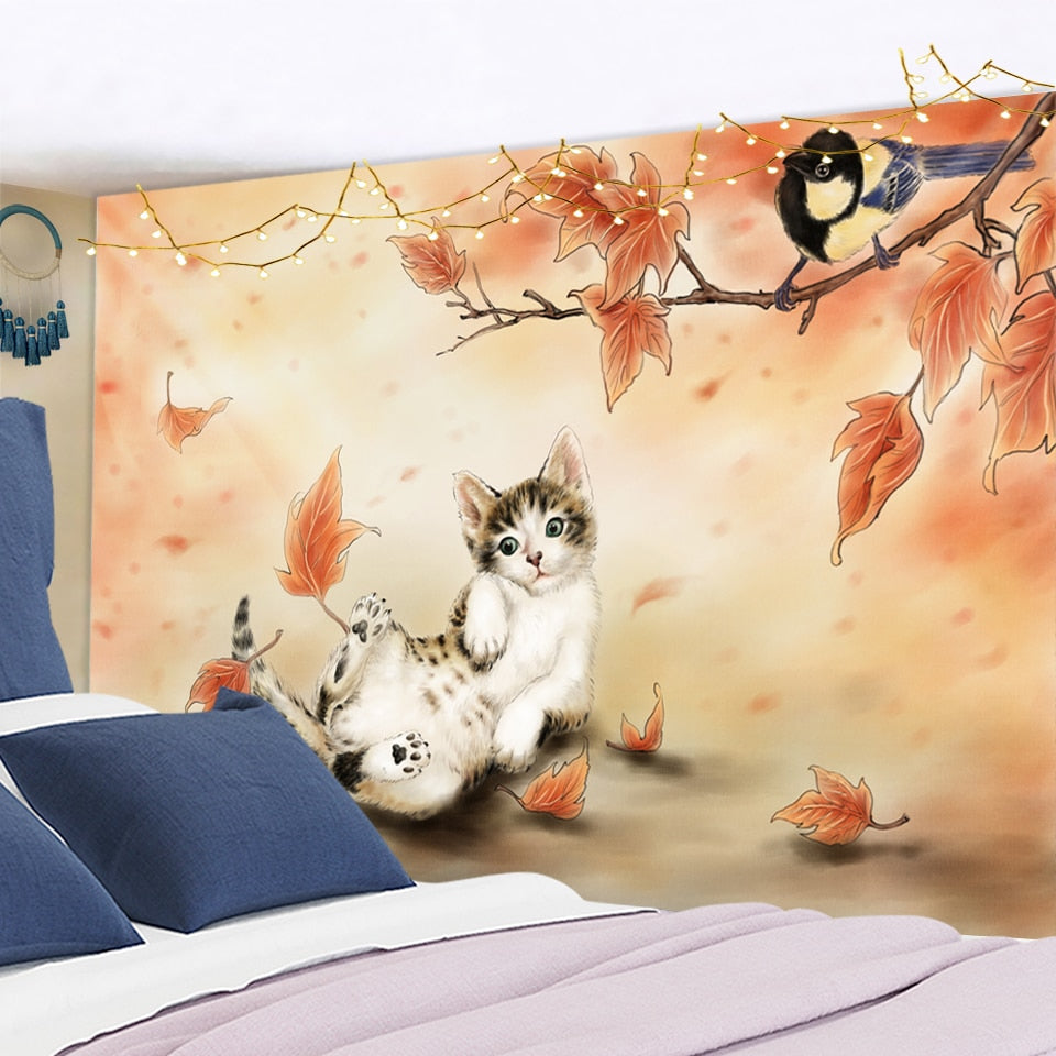 Maple Leaves Cat Tapestry - Cat Tapestry