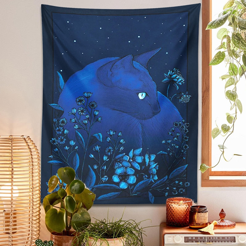 Midnight Blue Cat Tapestry - Cat Tapestry