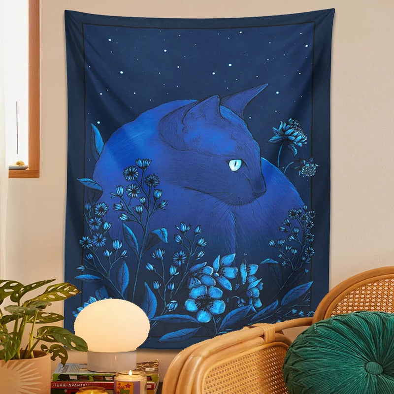 Midnight Blue Cat Tapestry - Cat Tapestry