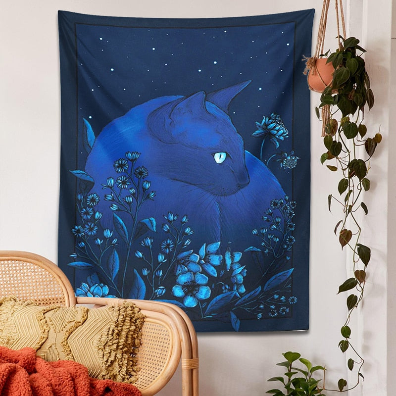 Midnight Blue Cat Tapestry - Cat Tapestry