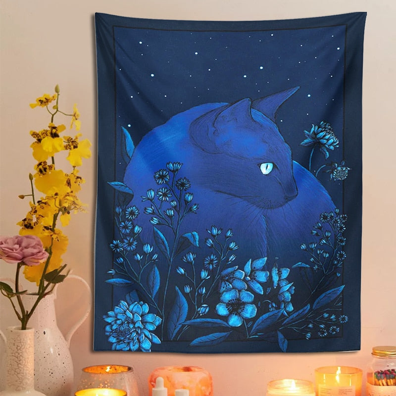 Midnight Blue Cat Tapestry - Cat Tapestry