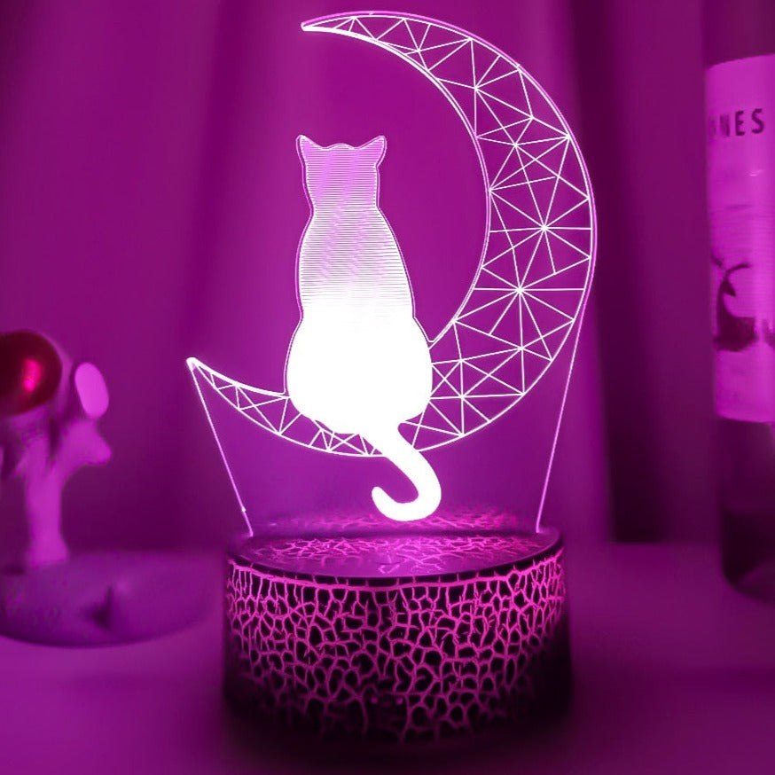 Moon Cat Night Light - Crack Black Base / 7 Color No Remote