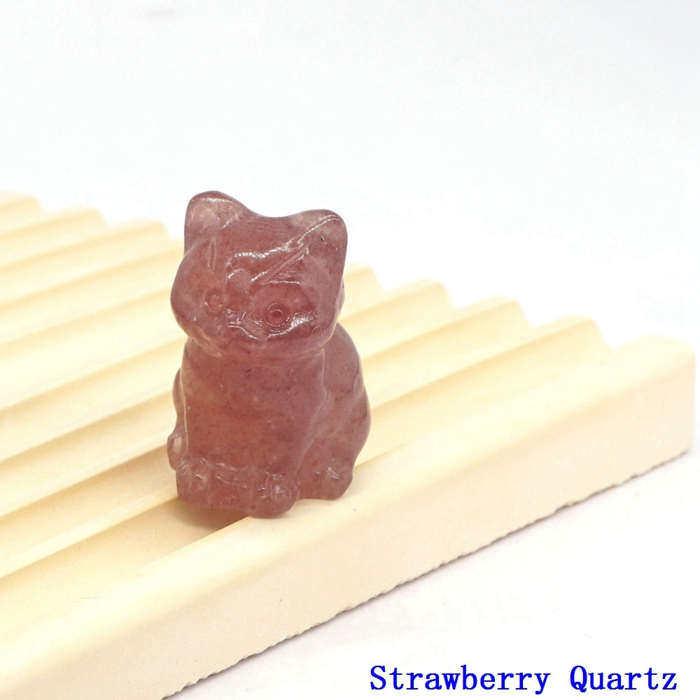 Natural Crystal Cat Figurines - Strawberry Quartz / 1pc