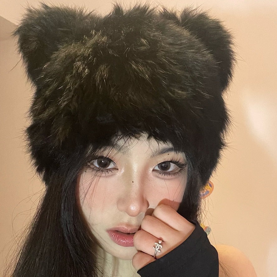 Plush cat beanie - Black / 56-58cm - Cat beanie