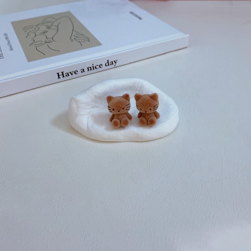 Plush Cat Earrings - Dark Brown - Cat earrings