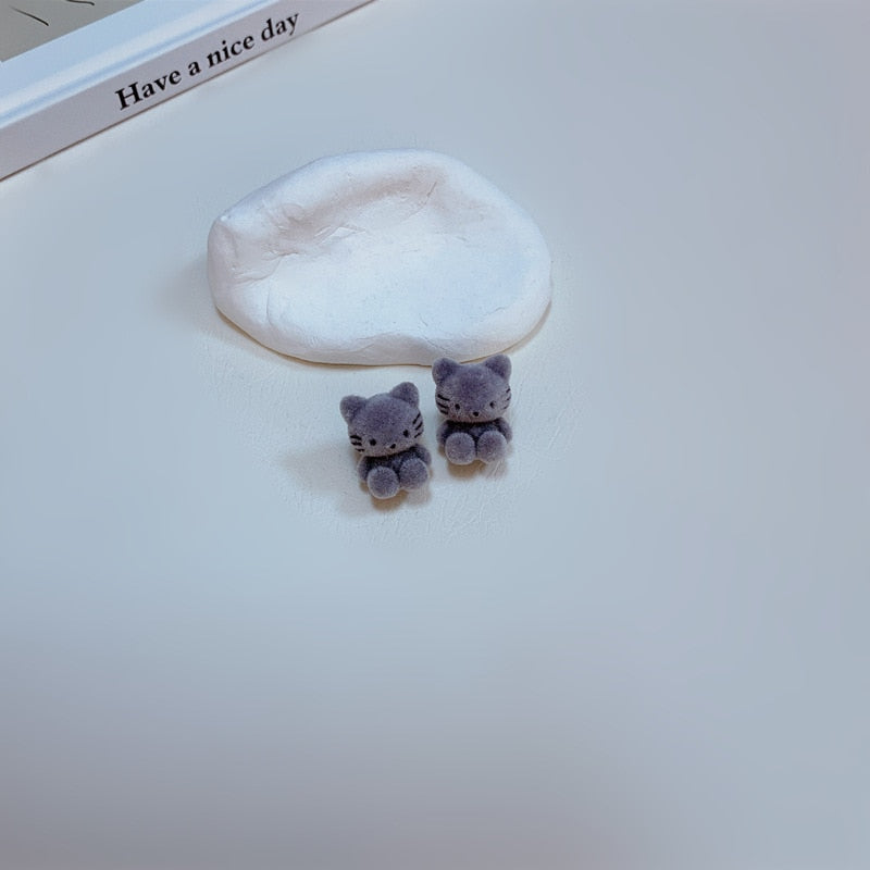 Plush Cat Earrings - Grey - Cat earrings