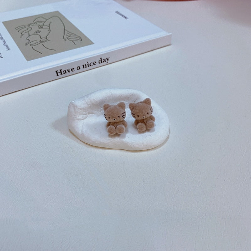Plush Cat Earrings - Light Brown - Cat earrings