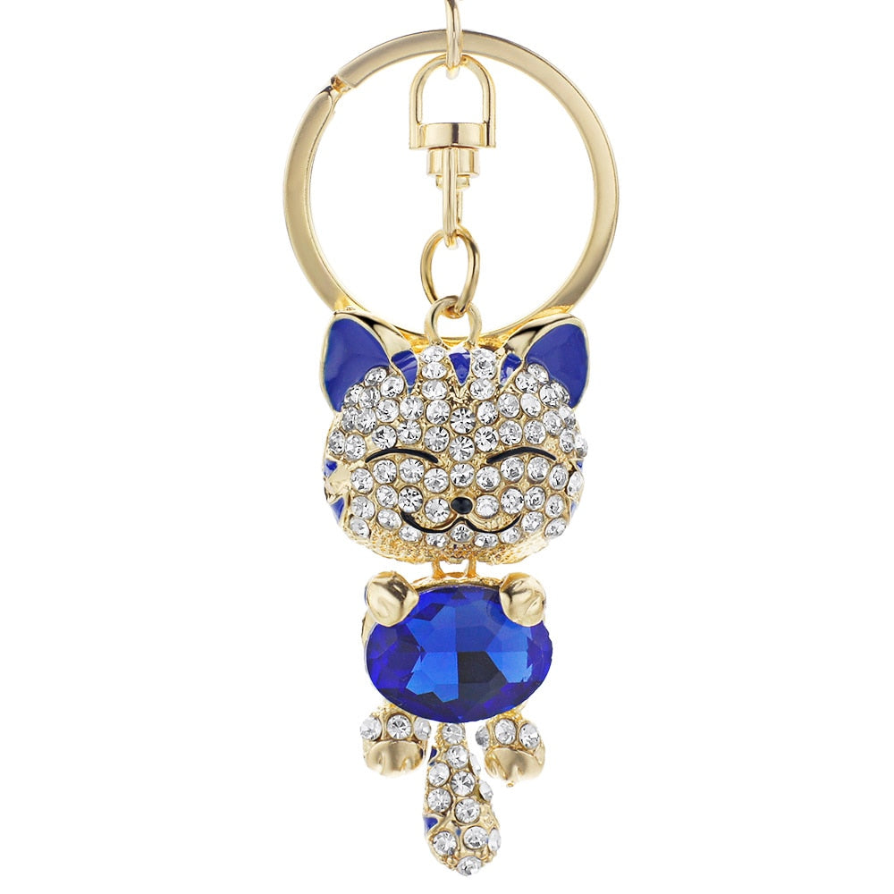 Rhinestone Cat Keychain - Blue - Cat Keychains