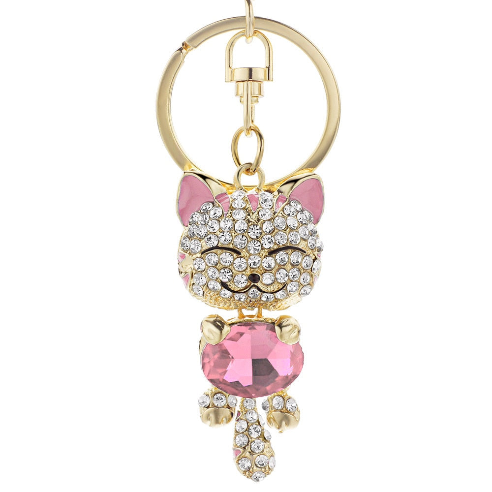 Rhinestone Cat Keychain - Pink - Cat Keychains