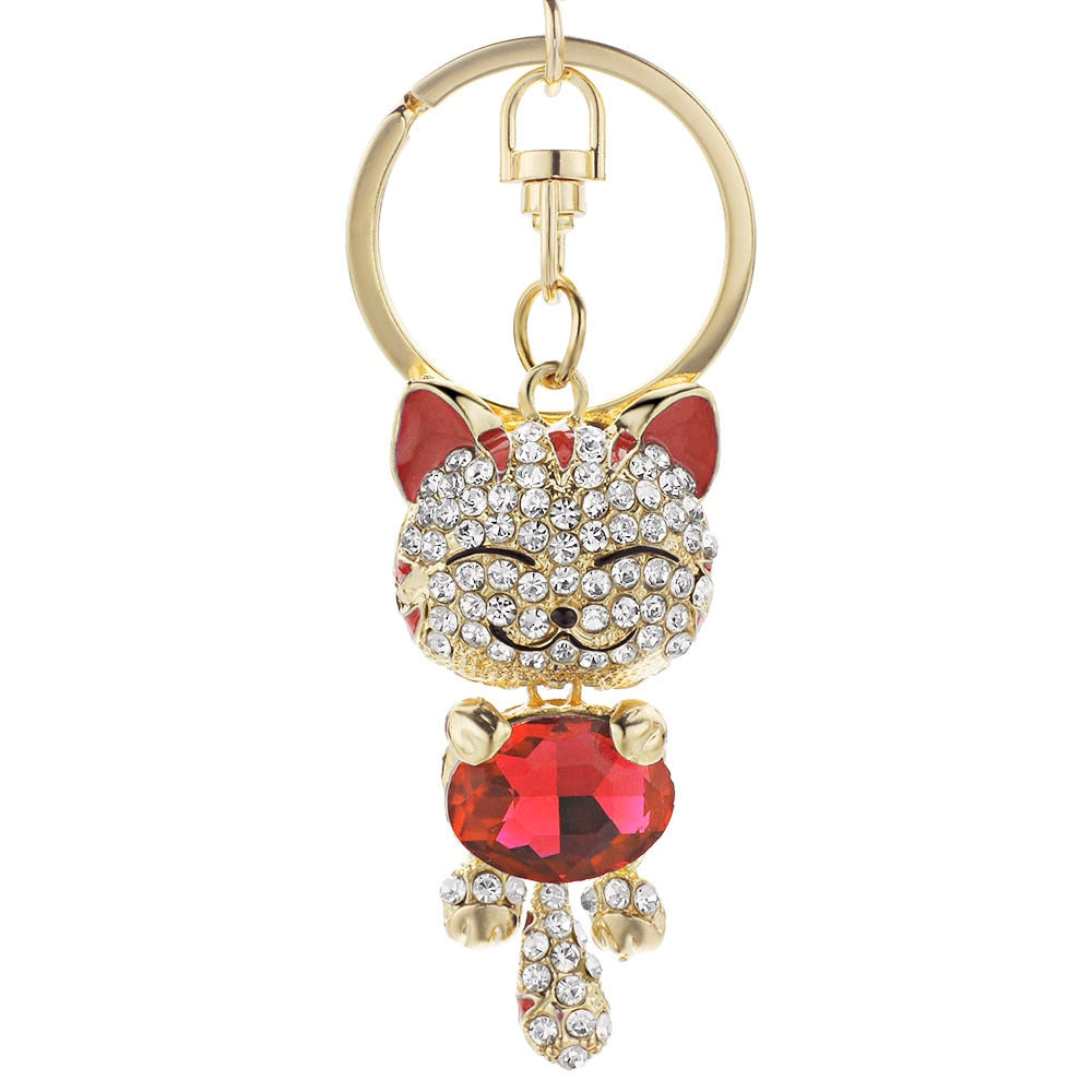 Rhinestone Cat Keychain - Red - Cat Keychains
