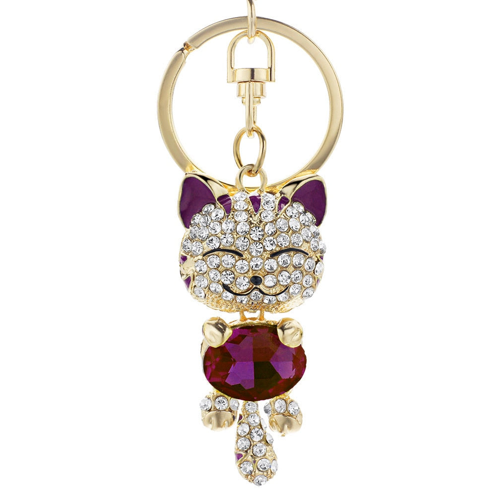 Rhinestone Cat Keychain - Purple - Cat Keychains