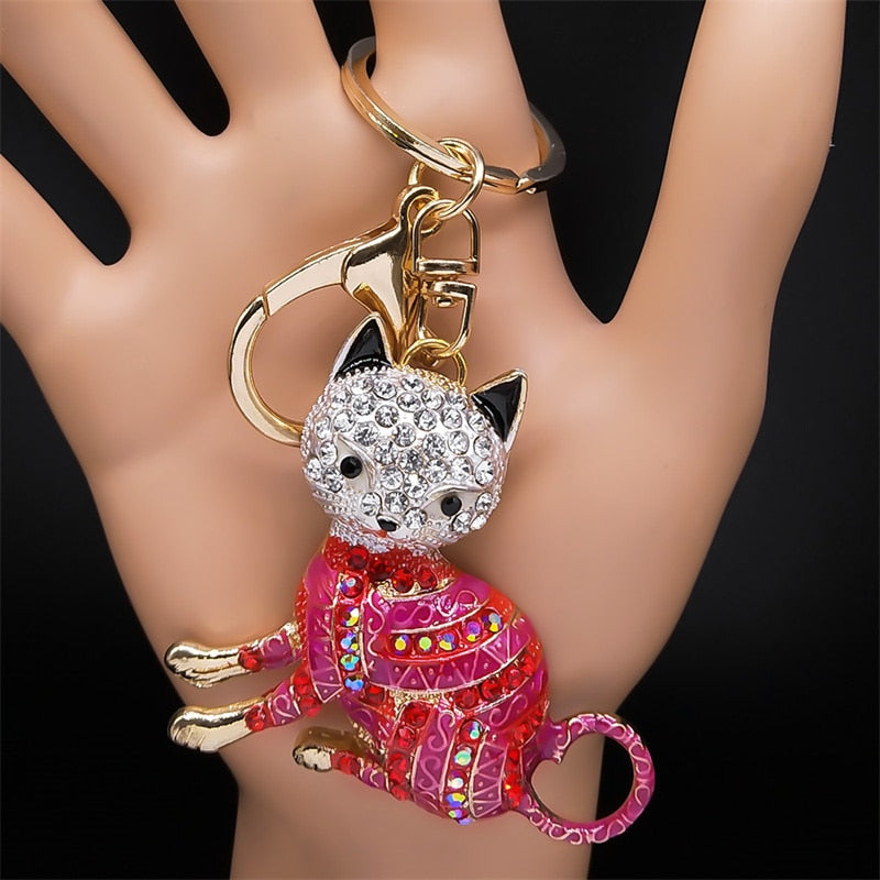 Rhinestone Egyptian Cat Keychain - Pink - Cat Keychains