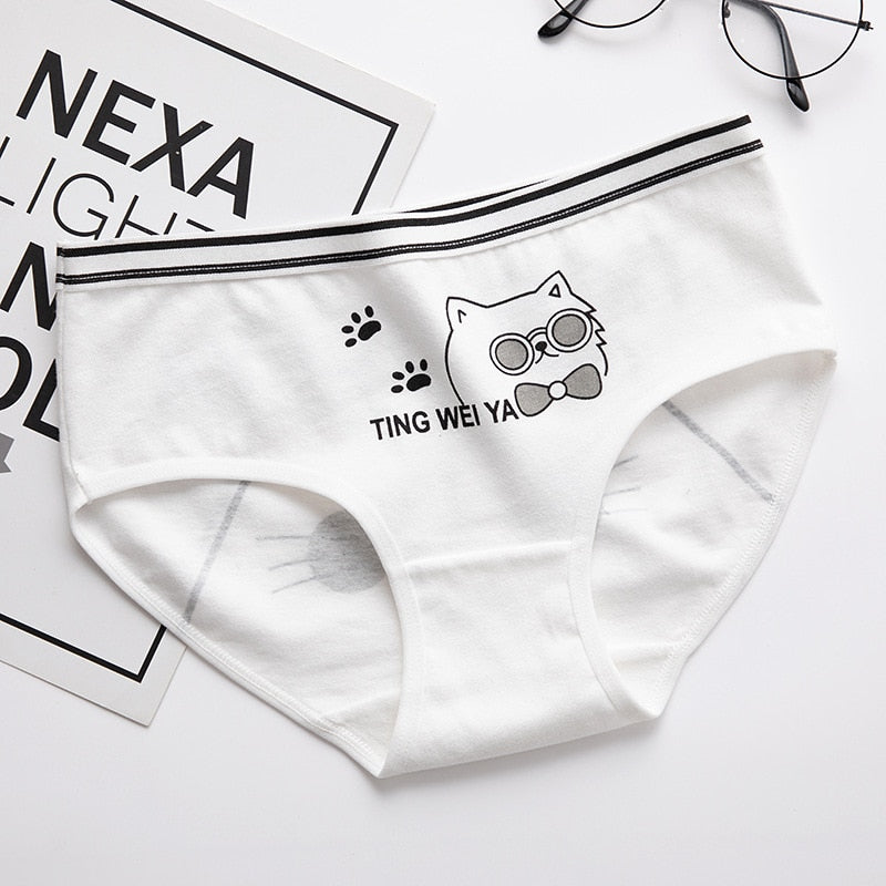 Simple Black White Cat Panties - White eyed cat / L - Cat