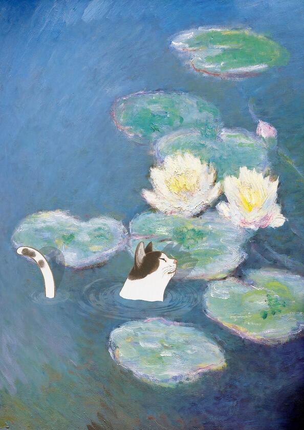 Simple Cat Painting - A4 21x30cm no frame / Blue