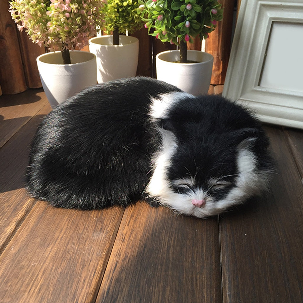 Sleeping Realistic Cat Plush - Black & white