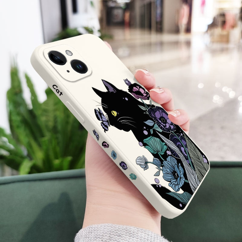 Soft Black iPhone Cat Phone Case - iPhone 14 / White - Cat