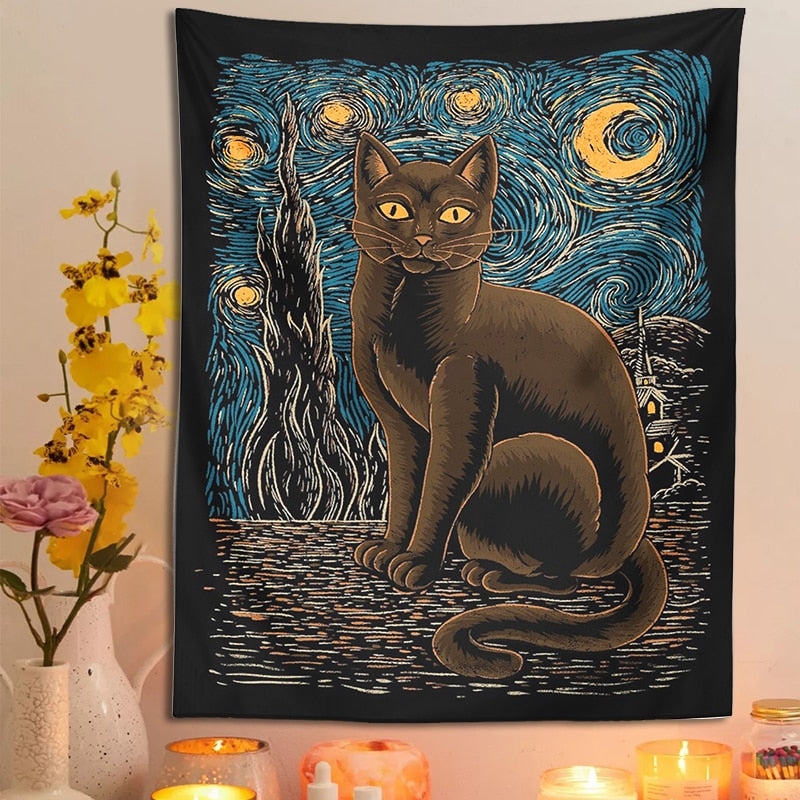 Starry Night Cat Tapestry - Cat Tapestry