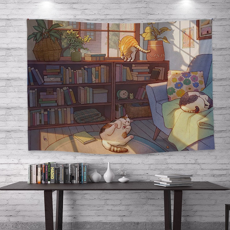 Vintage Cat Tapestry - Books / 100x75cm - Cat Tapestry