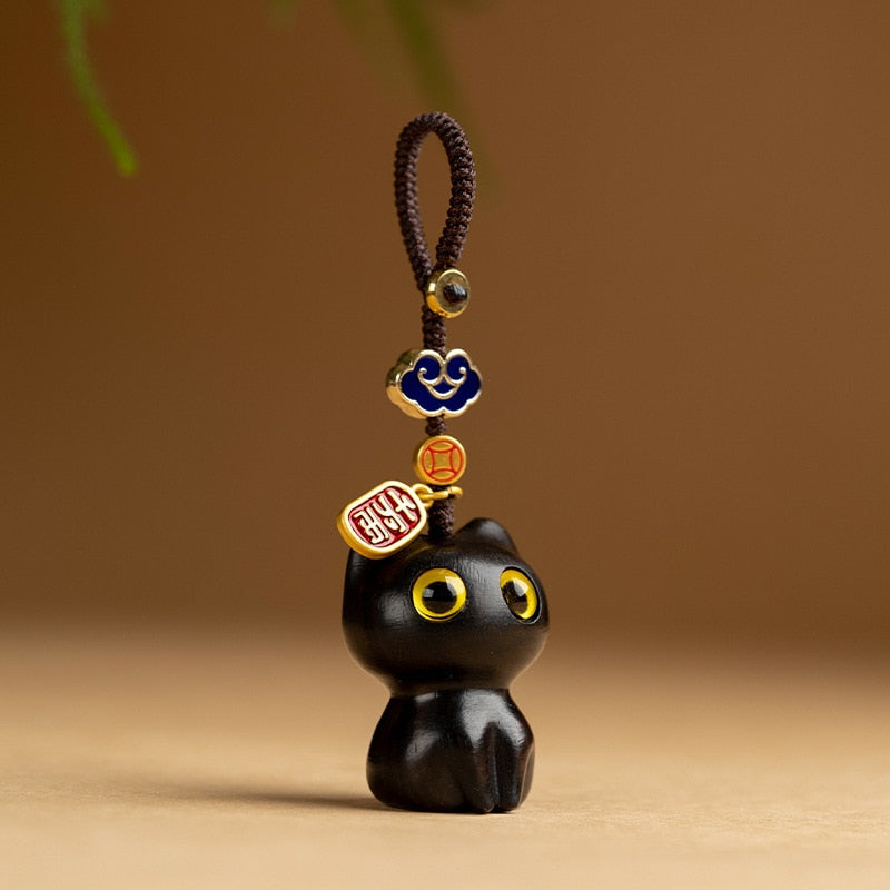 Wooden Cat Keychain - Black - Cat Keychains