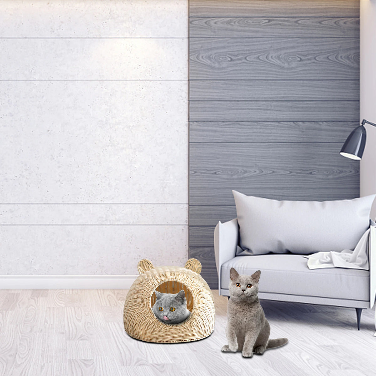 Imitation Rattan Cat Bed House with Front Opening