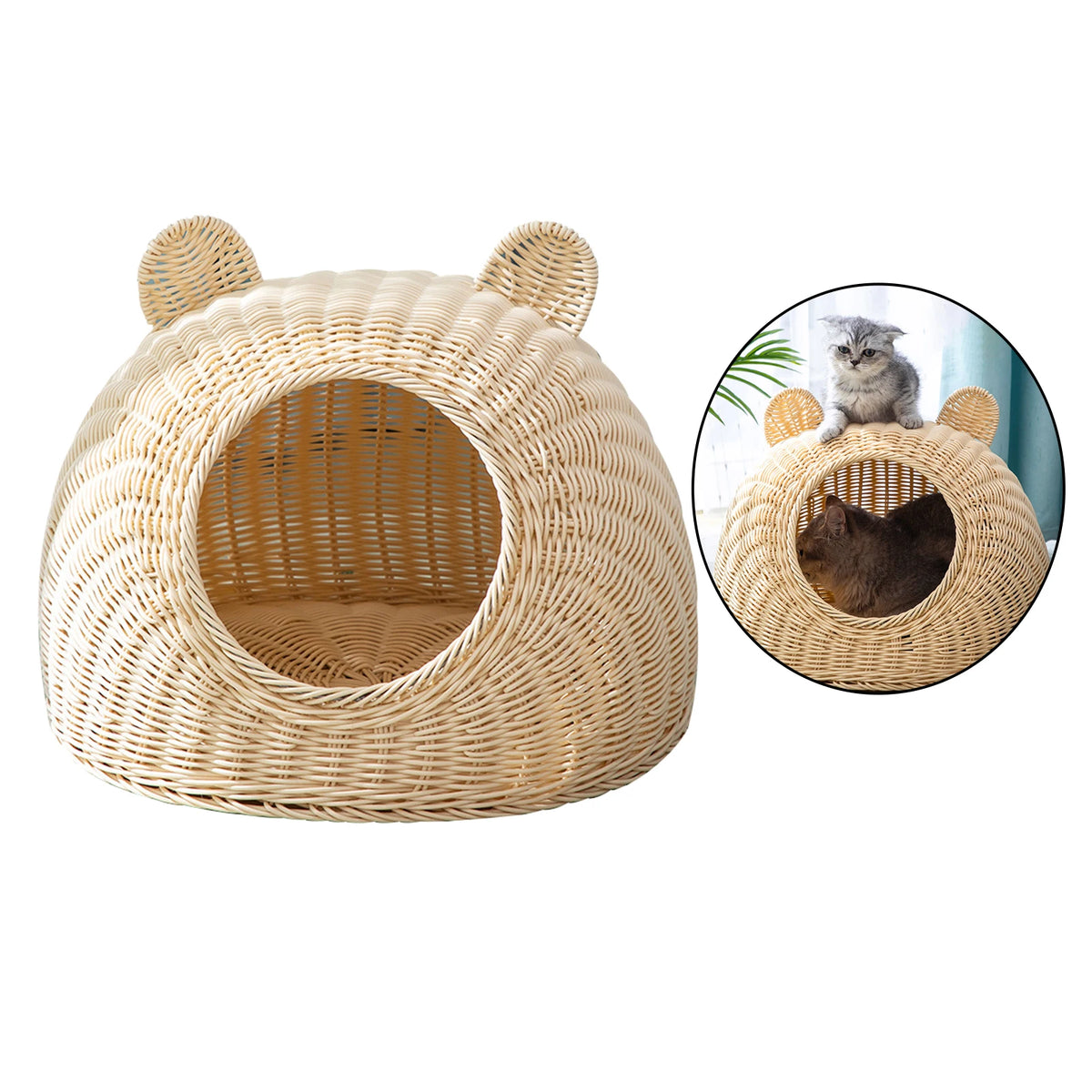 Imitation Rattan Cat Bed House with Front Opening