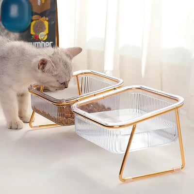 Clear Ribbed Cat Bowls on a Gold Stand, Square Tilted Bowls, Single or Double