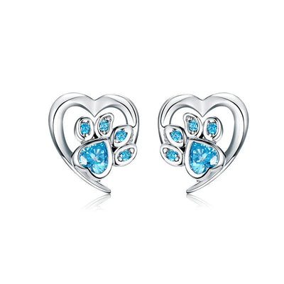 Sterling Silver Heart Paw Stud Earrings With Cubic Zirconia, Screw-Back