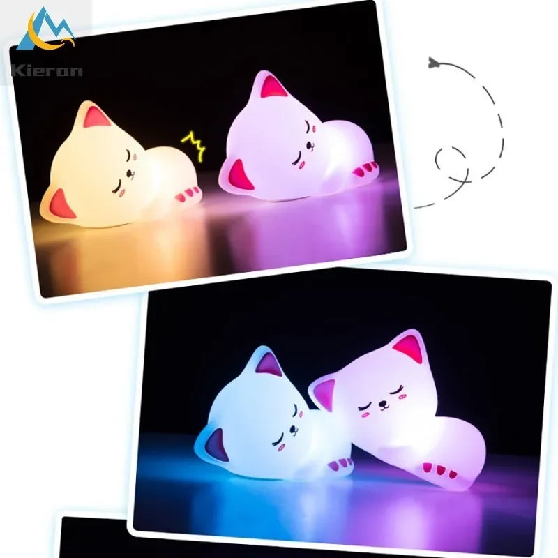 Sleeping Cat Night Light, Soft Silicone LED Lamp with 7 Colors