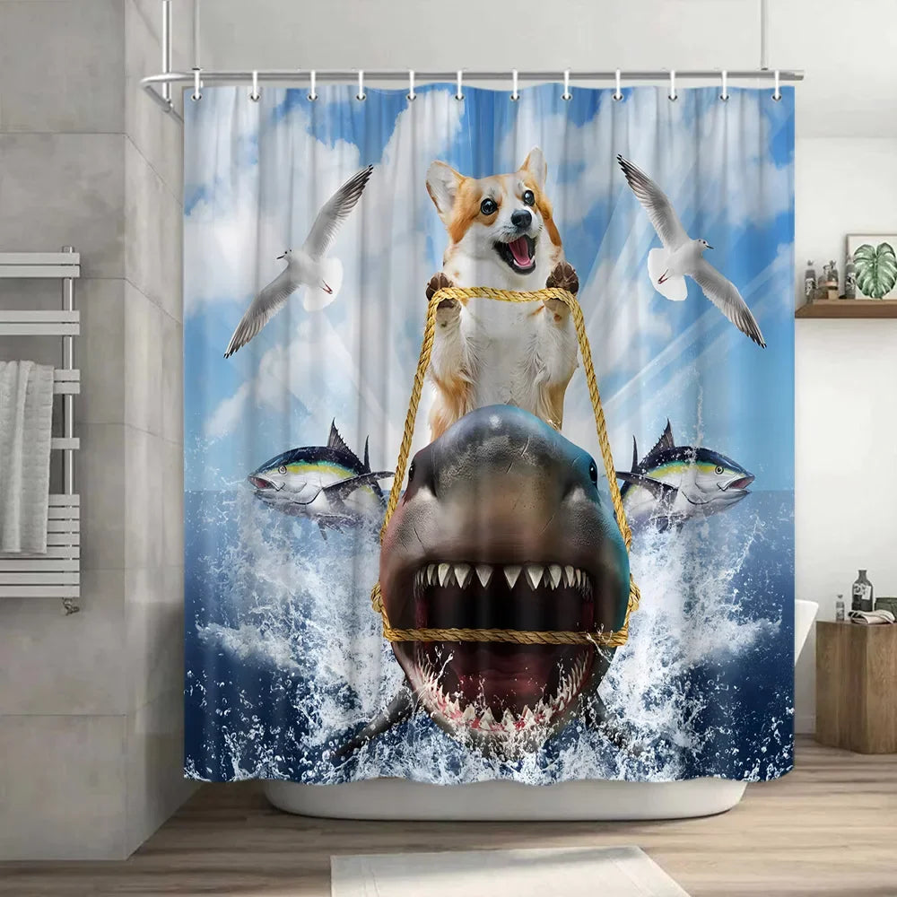 Funny Cat Riding a T-Rex Shower Curtain, Japanese Wave Decor