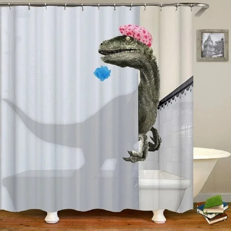 Cute Cat and Dinosaur Shower Curtain with 12 Hooks Included