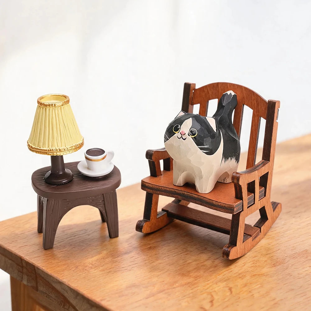 Hand-Carved Wooden Cat Figurine, 8 Breeds in Painted Basswood