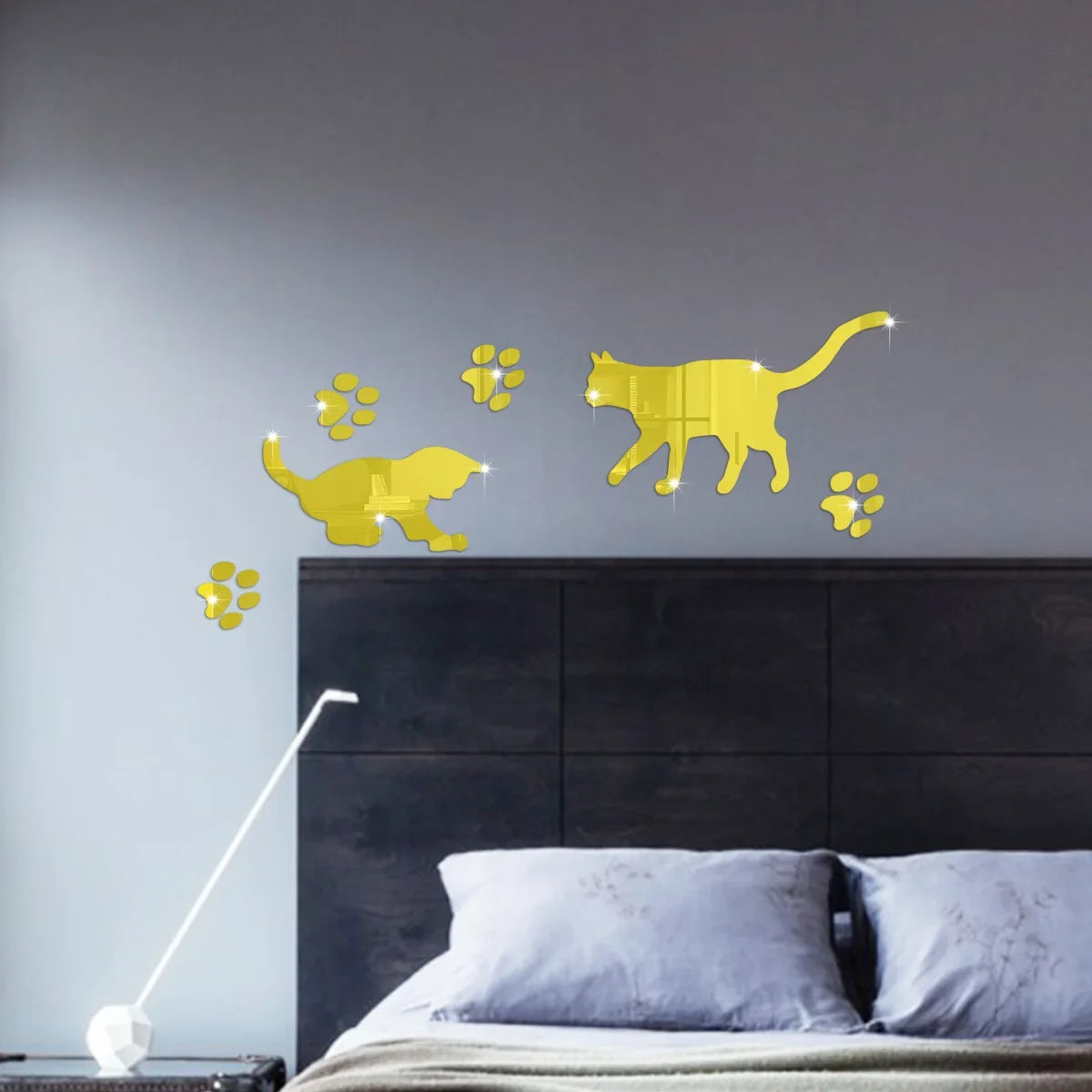 Cat Mirror Wall Stickers, Acrylic Cat Silhouettes with Paw Prints