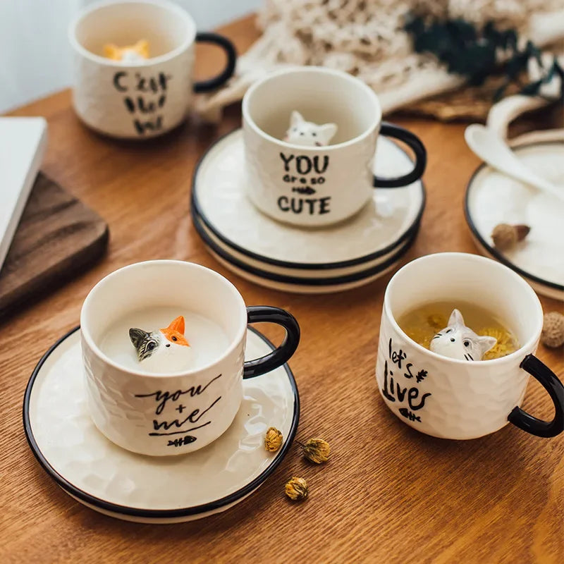 Hidden Kitten Cup and Saucer, Ceramic Coffee Cup With 3D Cat Inside