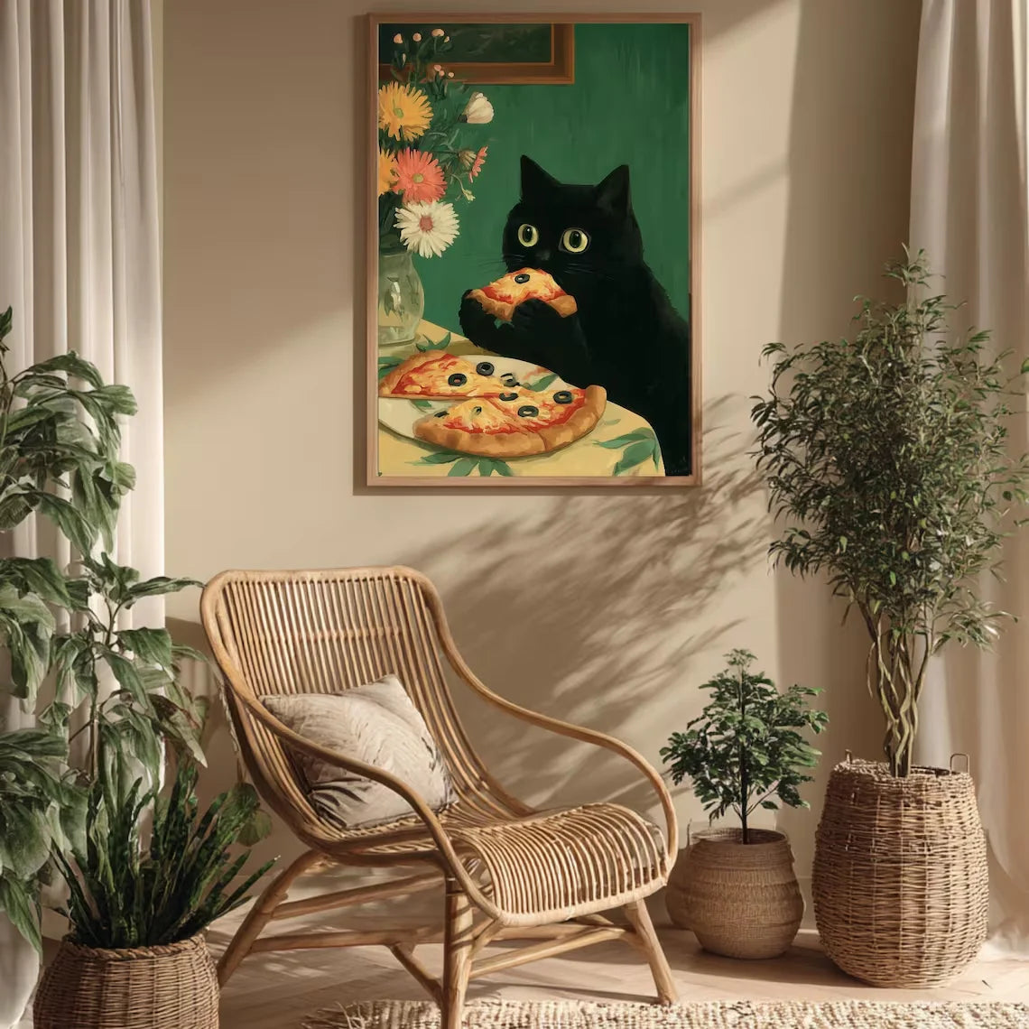 Funny Black Cat Kitchen Wall Art, Whimsical Food Lover Print